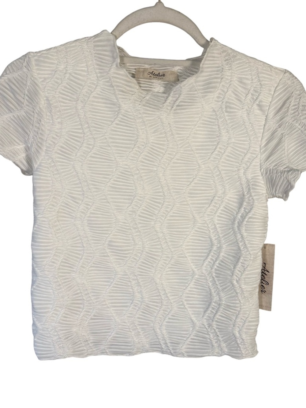 Atelier by Kirious White Textured Short Sleeve Cropped Top Size XS Stretch